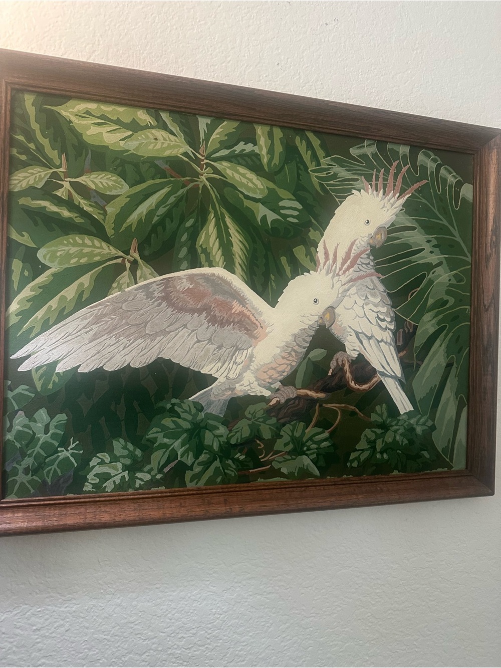 MCM retro  Cockatoo birds Botanical painting in Green White lavender pink
